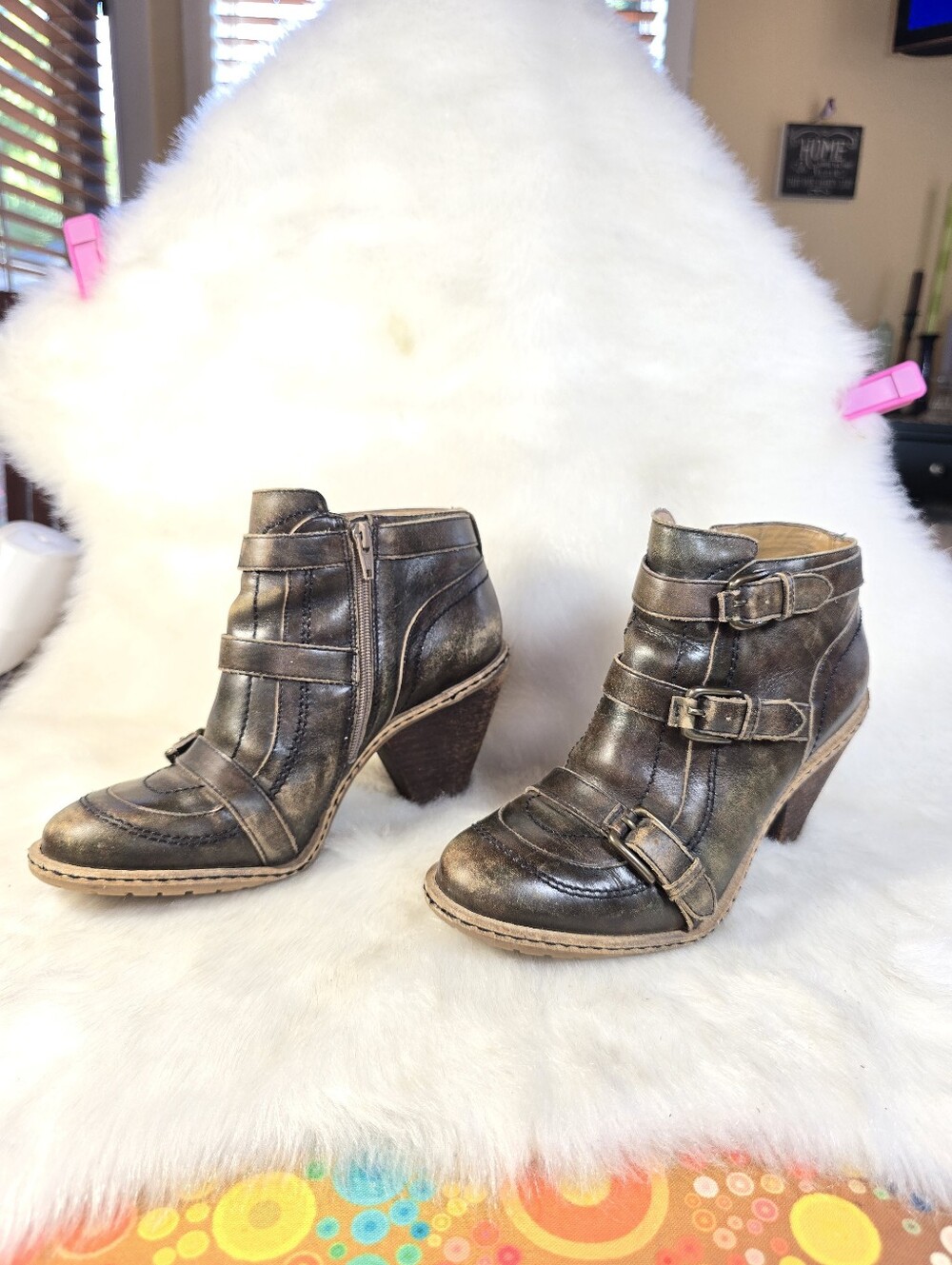 Schuler & Sons Side Zip Triple Buckle Heel Distressed Ankle Boot - Picture 3 of 16